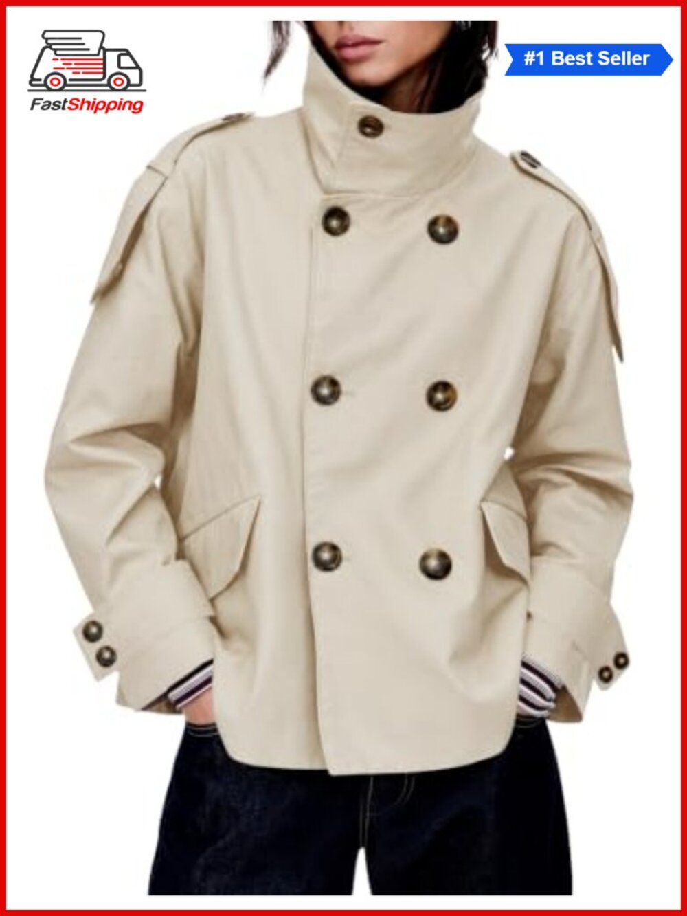 ✨Tankaneo Womens Cropped Trench Oversized Double Breasted Casual Jacket